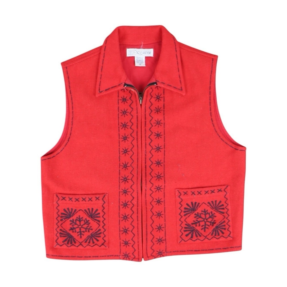 Vintage Chrysantheme Wool Blend Zip Vest Red Embroidered Nordic Women's Medium